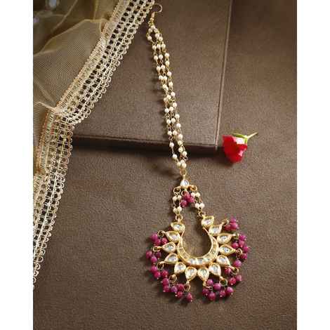 Buy Bamboo Tree Jewels Pink Beads Gold Kundan Maang Tika - Purplle