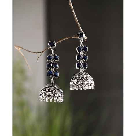 Bamboo Tree Jewels Blue Stone Dome Shaped Handcrafted Silver-Toned Jhumkas