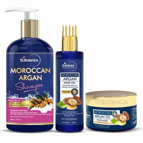 Buy StBotanica Moroccan Argan Shampoo 300ml + Hair Mask 200ml + Argan Hair Oil With Comb Applicator 150ml - Purplle