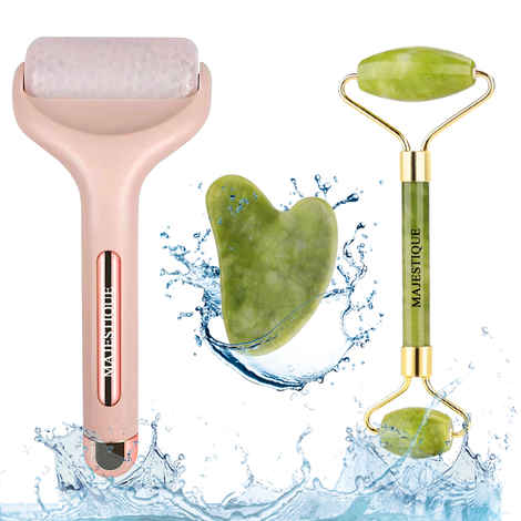 Buy Majestique Face Massage Kit, Ice Roller, Jade Massager and Gua Sha for Lifting, Neck Healing Skin Wrinkles - 3Pcs/Multicolor - Purplle