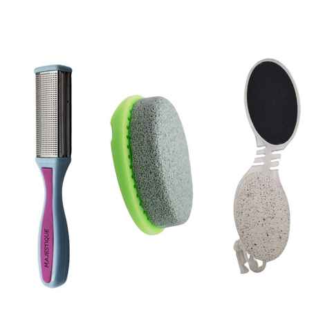 Majestique Professional Pedicure and Manicure Set - Foot File, Pumice Stone and 4 in 1 Function Leg Scrubber - Color May Vary