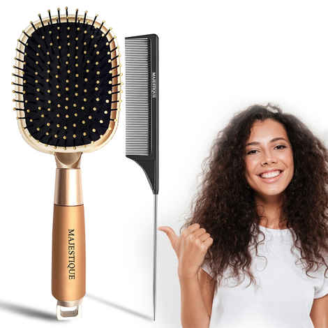 Majestique Paddle Hair Brush with Tail Comb, Refresh and Extend Flat Brush for All Hair Types - 2Pcs/Golden