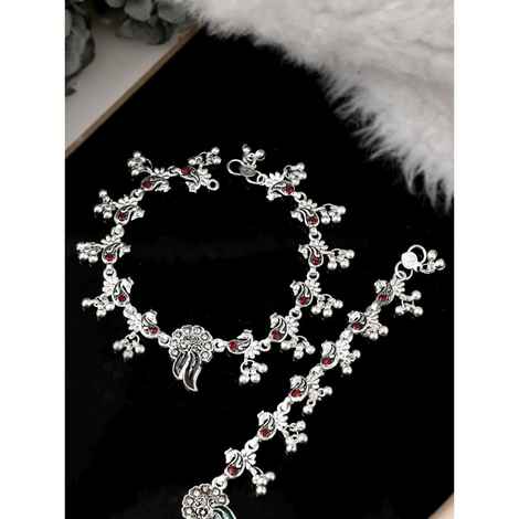 Buy Silvermerc Silver Plated Oxidised Red Stone Studded Anklets - Purplle