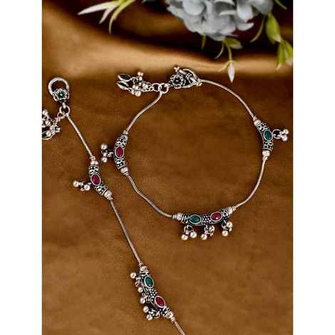 Buy Silvermerc Silver Toned Green & Red Beaded Chain Anklet - Purplle