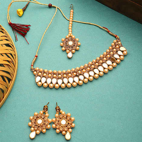 Buy STEORRA JEWELS Gold Plated Studded Mirror Pearl Choker Jewellery Set Gold - Purplle