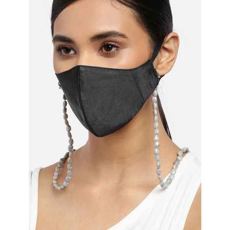 Buy Blueberry Women Black Solid Satin Reusable 2-Ply Cloth Mask with Grey Beaded Chain - Purplle