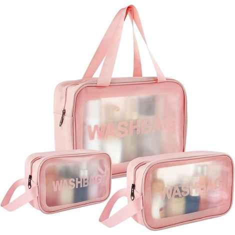 Buy House of Quirk Clear Toiletry Bag, Wash Make Up Bag PVC Waterproof Zippered Cosmetic Bag, Portable Carry Pouch for Women Men (Set of 3 Bag Pink)_(SET3_WASHBAG_PIN) - Purplle