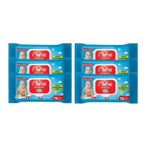 NIINE Cottony Soft Biodegradable Baby Wipes with lid,Enriched Goodness of Aloe Vera and Vitamin E, 72 Wipes/Pack (Pack of 6)