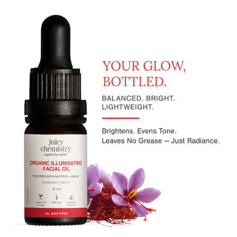 Buy Juicy Chemistry Organic Illuminating Facial Oil with Saffron + Argan, 10 ml | Boosts Skin Glow | Promotes Healthier Barrier | Brightens & Evens Out Skin Tone | Non-sticky & Lightweight | Dermatologically Tested - Purplle