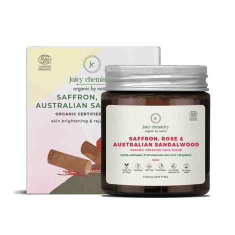 Buy Juicy Chemistry Saffron, Rose & Sandalwood Scrub for Skin Brightening, 75g - Certified Organic Natural Face Scrub for Face & Body | All Skin Types, 100% Vegan - Purplle