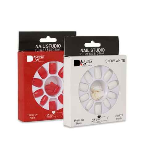 Buy Dashing Diva Press Magic True Red, Snow White Nail Art Nail Extension Acrylic Press on Nails With Quick Dry Nail Glue, Pack of 2 - Purplle
