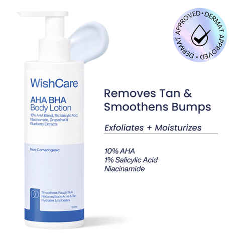 Buy WishCare 10% AHA + 1% BHA Exfoliating Body Lotion|Provides Deep Hydration, Detans & Smooths Rough Skin |Dermat Approved|Salicylic Acid, Niacinamide, Grapefruit & Blueberry|For All Skin Types|200 ml - Purplle