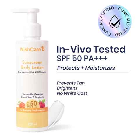 WishCare Sunscreen Body Lotion SPF50 PA+++|In-Vivo Tested|Dermat Approved UVA & UVB Protection|Long Lasting & Deep Hydration with No White Cast|Prevents Tanning|For Men & Women|200 ml