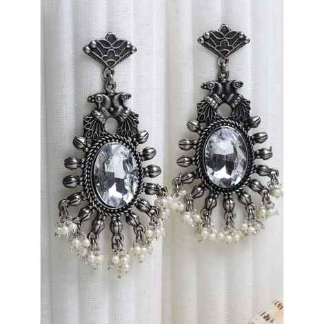 Buy Moedbuille Crystals & Pearls Studded Oxidised Silver Plated Handcrafted Antique Earrings , 40 Grams - MBER03406 - Purplle