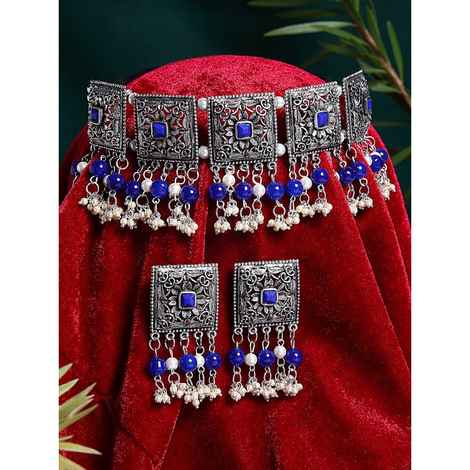 Buy Moedbuille Handcrafted Pearls & Stones Work Tassell Design Silver Plated Traditional Jewellery Set , 180 Grams - MBNS00513 - Purplle