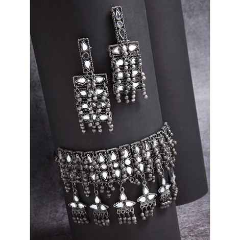 Buy Moedbuille Mirrors Studded Handcrafted Tassell Design Oxidised Silver Plated Antique Jewellery Set , 180 Grams - MBNS00520 - Purplle
