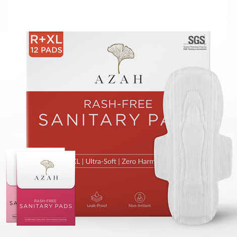 Buy Azah Rash-free Organic Sanitary Pads (Box of 12 Pads : 8 Regular + 4 XL - With disposal bags) - Purplle