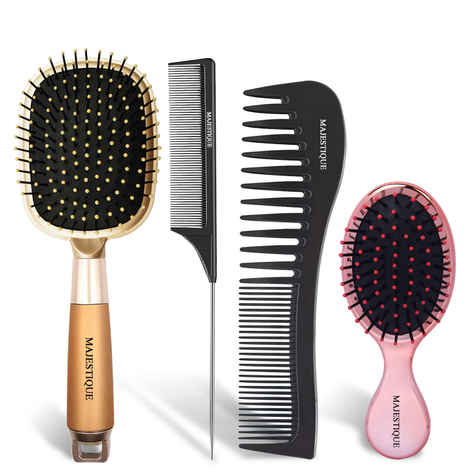 Buy Majestique Hair Brush Set - Professional Paddle Detangling Hairbrush, Wide-tooth and Tail Comb, Suitable for All Hair Types - 4Pcs/Multicolor - Purplle