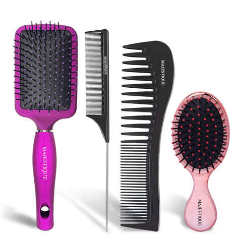 Buy Majestique Professional Hair Brush Set, Large and Small Paddle Hair Brush With Wide-tooth and Tail Comb Suit for Women Men and Kids - 4Pcs/Purple - Purplle