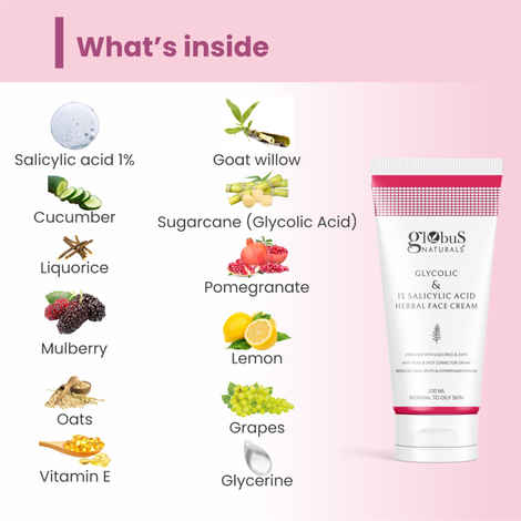 Buy Globus Naturals Glycolic & 1% Salicylic Acid Herbal Anti Acne Face Cream, Enriched with Liquorice & Oats, Reduces Dark spots & Hyperpigmentation, 100 ml - Purplle