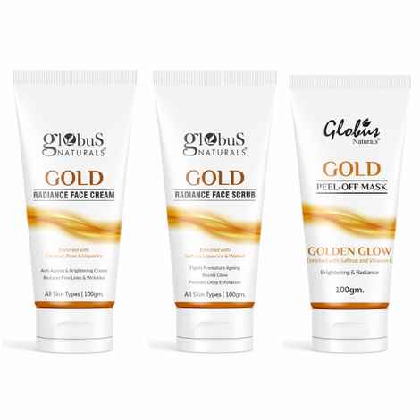 Buy Globus Naturals Gold Radiance Brightening & Skin Lightening Face Care Combo Set of 3 - Face Cream, Face Scrub & Peel Off Mask - Purplle