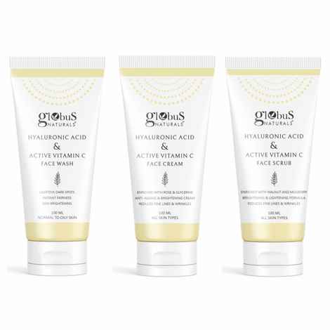 Buy Globus Naturals Vitamin C & Hyaluronic Acid Anti-Ageing & Brightening Face Care Combo Set of 3 - Face Wash, Face Cream & Face Scrub - Purplle