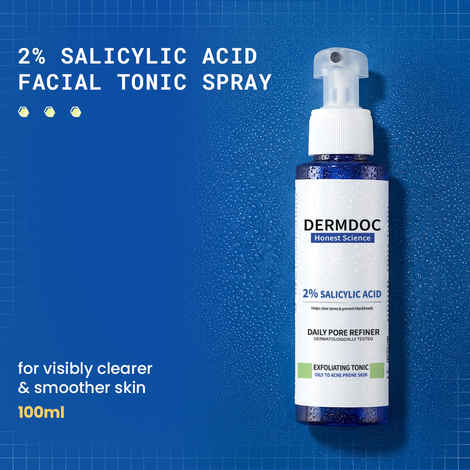 DERMDOC 2% Salicylic Acid Facial Tonic Spray (100 ml) | Gentle Exfoliating Toner | Unclogs Pores, Targets Active Acne & Controls Excess OilΒ