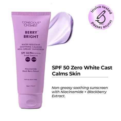 Conscious Chemist Berry Bright Water Resistant Sunscreen | Sunscreen SPF 50 PA++++ | 50 gm | Sunscreen for Oily Skin, Niacinamide Sunscreen with Black Berry Extract, Hybrid Lightweight, Water Resistant, All Skin Types