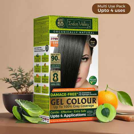 Buy Indus Valley Damage Free Natural Gel Hair Colour for Women | Black 1.00 | Ammonia & PPD Free | 100% Grey Coverage | Long Lasting Conditioning Colour | 220 ml - Purplle