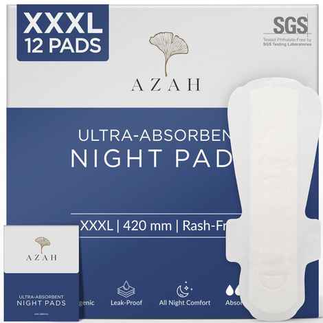Buy Azah Ultra-Absorbent Night Pads | XXXL Sanitary Pads for Heavy Flow | 500ml Absorption | Made Safe Certified | Soft & Rash-Free Breathable Cotton | 100% Cotton (Pack of 12) - Purplle