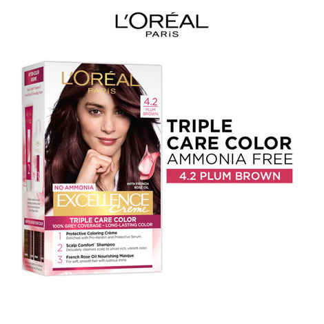 Buy L'Oreal Paris Hair Colour, Radiant At-Home Hair Colour with up to 100% Grey Coverage, Excellence Creme, 4.2 Plum Brown, 72 ml+100 gm - Purplle