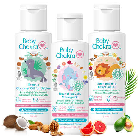 Buy BabyChakra Massage Oil, Hair Oil & Coconut Oil for Babies | No Mineral Oil & No Paraben | Nourishes Hair & Skin | Dermatologically Tested (30ml each) - Purplle