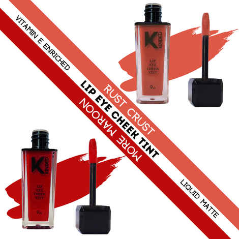 Buy KINDED Lip Eye and Cheek Tint Combo for Women Girls Longlasting Moisturizing Vitamin E Liquid Lip Colour Lipstick Eyeshadow Blush (Liquid Matte Finish, Rust Crust & More Maroon, 9 ml each) - Purplle