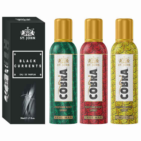 Buy St John Cobra No Gas Deo True Man, Real Man, Music 100 ml each & Black Current 50 ml Combo Perfume Body Spray - For Men & Women (350 ml, Pack of 4) - Purplle