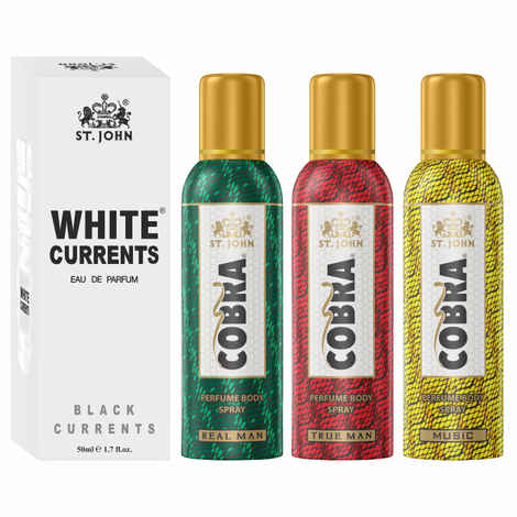Buy St John Cobra No Gas Deo True Man, Real Man, Music 100 ml each & White Current 50 ml Combo Perfume Body Spray For Men & Women (350 ml, Pack of 4) - Purplle