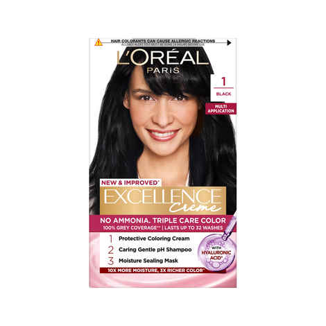 Buy L'Oreal Paris Excellence Creme Triple Care Hair Color Volume- 72 ml+100g - Black 1 No Ammonia - Purplle