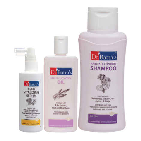 Buy Dr Batra's Hair Vitalizing Serum 125 ml, Hair Fall Control Shampoo - 500 ml and Hair Fall Control Oil- 200 ml          - Purplle
