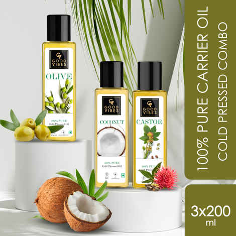 Buy Good Vibes 100% Pure Cold Pressed Carrier Oil Combo 200 ml (Set of 3) - Coconut, Castor and Olive - For Hair & Skin - Purplle