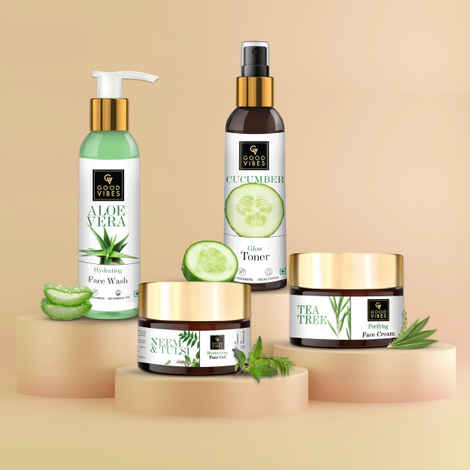 Buy Good Vibes Skin Care Combo (Set of 4) - Aloe Vera Face Wash, Cucumber Toner, Neem & Tulsi Gel, Tea Tree Face Cream - Purplle