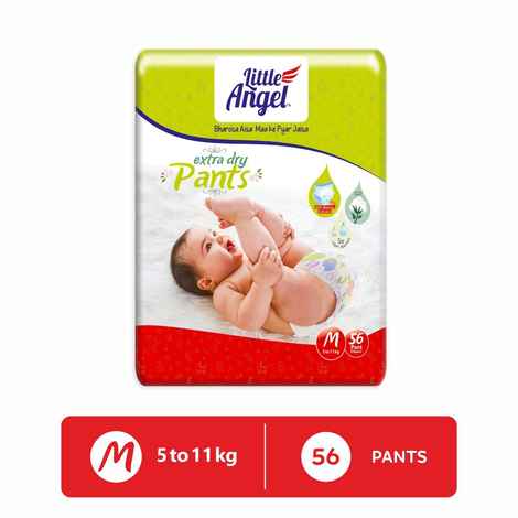 Buy Little Angel Extra Dry Baby Pants Diaper, Medium (M) Size, 56 Count, Super Absorbent Core Up to 12 Hrs. Protection, Soft Elastic Waist Grip & Wetness Indicator, Pack of 1, 56 count/pack, Upto 5-11kg - Purplle