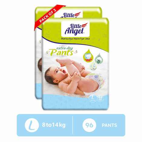 Buy Little Angel Extra Dry Baby Pants Diaper, Large (L) Size, 96 Count, Super Absorbent Core Up to 12 Hrs. Protection, Soft Elastic Waist Grip & Wetness Indicator, Pack of 2, 48 count/pack, 8-14kg - Purplle
