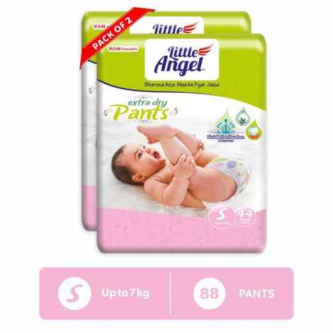 Buy Little Angel Extra Dry Baby Pants Diaper, Small (S) Size, 88 Count, Super Absorbent Core Up to 12 Hrs. Protection, Soft Elastic Waist Grip & Wetness Indicator, Pack of 2, 44 count/pack, Upto 7kg - Purplle