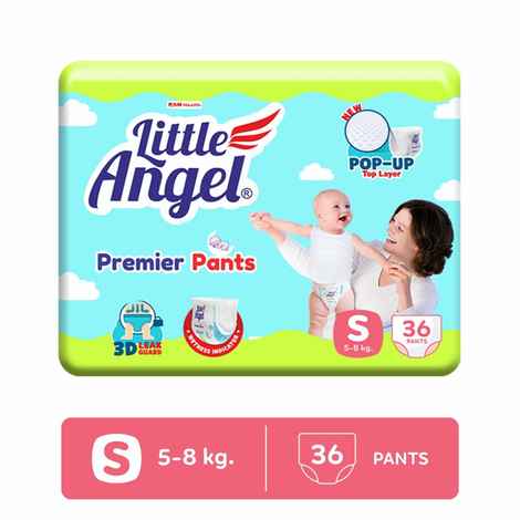 Buy Little Angel Premier Pants Baby Diaper, Small (S) Size, 36 Count, Cottony Soft Material, Wetness Indicator, Breathable Layer, Extra Dry Core, Stretchable Sides, Pack of 1, 5-8 kgs - Purplle