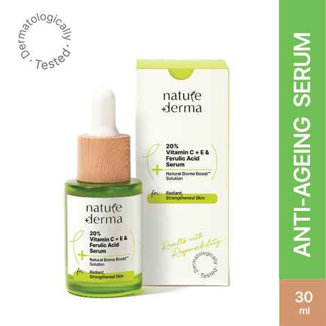 Nature Derma 20% Vitamin C, Vitamin E & Ferulic Acid Serum with Natural Biome-Boost™ - Reduces Dark Spots, Dullness & Signs of Aging | Use For Brighter, Glowing & Strengthened Skin | 30ml - Dermatologically Tested