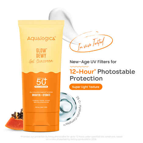 Buy Aqualogica Glow+ Dewy Lightweight Sunscreen Gel SPF 50+ PA++++ with Papaya & Vitamin C 80 gm - Purplle