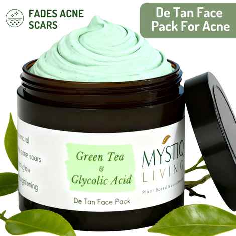 Mystiq Living Acne Face Mask Green Tea Clarity (100 GM) Tan Removal, Face Mask, Anti Acne, De Tan, Acne Marks, Pimples, Oily & Acne Prone Skin and Glowing Skin | D Tan Pack Ayurvedic Formulation | Neem, Tulsi & Green Tea, For Women & Men 100 gm