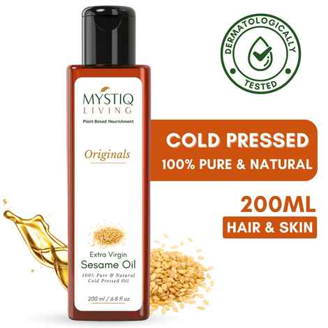 Mystiq Living Sesame Oil (200 ml) Extra Virgin Sesame Oil For Skin, Hair, Body, Skin Care & Body Massage, 100% Organic Pure And Natural, Cold Pressed Sesame Oil, Sesame Hair Oil