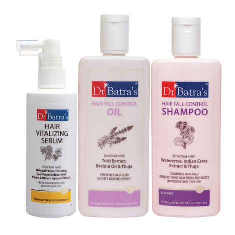 Buy Dr.Batra`s Hair Vitalizing Serum 125 ml, Hairfall Control Shampoo- 200 ml and Hair Fall Control Oil- 200 ml          - Purplle