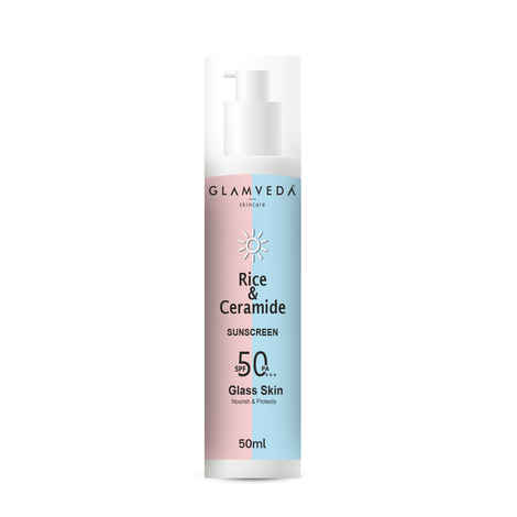 Buy Glamveda Glass Skin Rice & ceramide Dewy Sunscreen SPF 50 PA+++ Broad Spectrum Blue Light Filter No White Cast Non Comedogenic Water & Sweat Proof (50 ml) - Purplle