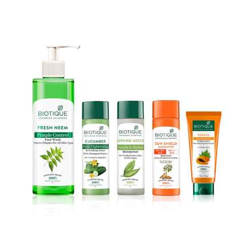 Buy Biotique Skin Care Combo - Face Wash + Face Scrub + Toner + Moisturizer + Sunscreen - Purplle